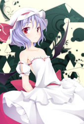 Rule 34 | 1girl, arms behind back, bad id, bad pixiv id, bare shoulders, dress, female focus, flat chest, hat, light purple hair, ogami kazuki, red eyes, remilia scarlet, short hair, solo, strapless, strapless dress, touhou