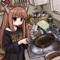 Rule 34 | 1girl, alternate costume, animal ear fluff, animal ears, black shirt, blank eyes, blush stickers, brown hair, bubbacterial, closed mouth, clothes writing, collarbone, cowboy shot, dishes, dishwashing, drawing (object), english text, food, frying pan, hands up, highres, holding, holding frying pan, holo, indoors, kitchen, knife, light smile, lizard, long hair, long sleeves, no symbol, off shoulder, print shirt, red eyes, shirt, single bare shoulder, sink, solo, spice and wolf, standing, steak, t-shirt, tail, wide sleeves, wolf ears, wolf girl, wolf tail