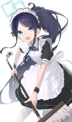 Rule 34 | 1girl, absurdly long hair, apron, aqua eyes, aris (blue archive), aris (maid) (blue archive), black dress, black hair, blue archive, broom, collared dress, dress, feet out of frame, flat chest, had (had314), halo, highres, holding, holding broom, long hair, looking at viewer, maid apron, maid headdress, open mouth, pantyhose, short sleeves, side ponytail, smile, solo, standing, twitter username, very long hair, white pantyhose, wrist cuffs