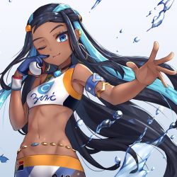 Rule 34 | 1girl, armband, armlet, bare shoulders, bikini, black hair, blue eyes, blue gloves, blue hair, breasts, closed mouth, commentary request, creatures (company), dark-skinned female, dark skin, earrings, forehead, game freak, gloves, gym leader, hair ornament, holding, hoop earrings, jewelry, long hair, looking at viewer, makeup, midriff, multicolored hair, navel, necklace, nessa (pokemon), nintendo, one eye closed, partially fingerless gloves, pensuke, poke ball, poke ball (basic), pokemon, pokemon swsh, single glove, small breasts, smile, solo, stomach, swimsuit, tankini, two-tone hair, upper body, very long hair, water