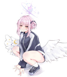Rule 34 | 1girl, bare legs, blue archive, blush, double bun, feathered wings, hair bun, halo, highres, jacket, long sleeves, looking at viewer, mika (blue archive), multicolored clothes, multicolored jacket, official alternate costume, pink hair, shoes, sidelocks, simple background, smile, sneakers, solo, squatting, torigoe gg, track jacket, two-tone jacket, white background, white wings, wings