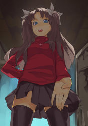 Rule 34 | 00s, 1girl, black thighhighs, blue eyes, bow, brown hair, fate/stay night, fate (series), foreshortening, from below, hair bow, hama (22ji kara 24ji), hand on own hip, hip focus, looking back, looking down, miniskirt, open mouth, pleated skirt, skirt, solo, thighhighs, tohsaka rin, turtleneck, twintails, two side up, zettai ryouiki