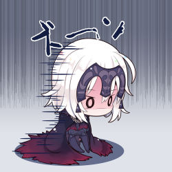 Rule 34 | 1girl, beni shake, black cape, black pantyhose, cape, chibi, commentary request, fate/grand order, fate (series), full body, fur-trimmed cape, fur trim, gauntlets, gloom (expression), gradient cape, hair between eyes, headpiece, jeanne d&#039;arc (fate), jeanne d&#039;arc alter (avenger) (fate), jeanne d&#039;arc alter (fate), lowres, o o, pantyhose, red cape, silver hair, sitting, solo