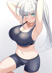 Rule 34 | 1girl, ahoge, aqua eyes, armpits, arms behind head, arms up, bare shoulders, bike shorts, black sports bra, blush, breasts, cleavage, closed mouth, collarbone, commentary request, cowboy shot, gluteal fold, groin, hair between eyes, highres, kibihimi, large breasts, long hair, looking at viewer, midriff, mole, mole under eye, navel, original, ponytail, sidelocks, simple background, solo, sports bra, standing, standing on one leg, sweat, white background, white hair