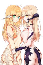 Rule 34 | 2girls, ahoge, arm grab, artoria pendragon (all), artoria pendragon (alter swimsuit rider) (fate), artoria pendragon (fate), ass, au ra, blonde hair, breasts, cowboy shot, fate (series), final fantasy, final fantasy xiv, from side, green eyes, hair censor, highres, horns, kamiowl, long hair, looking at viewer, multiple girls, navel, nipples, nude, profile, saber (fate), saber alter, sidelocks, simple background, small breasts, tail, weibo watermark, white background, yellow eyes
