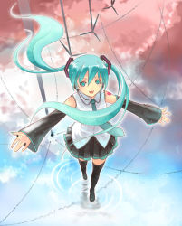 Rule 34 | 1girl, aqua hair, bad id, bad pixiv id, hatsune miku, kakuno, legs, open mouth, outstretched arms, reflection, ripples, solo, spread arms, thighhighs, twintails, vocaloid, walking, walking on liquid, water, wind turbine, windmill