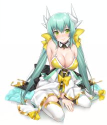 Rule 34 | 1girl, aqua hair, bare shoulders, bikini, blush, bow, breasts, cleavage, detached collar, fate/grand order, fate (series), green eyes, hair bow, hattori masaki, horns, japanese clothes, kiyohime (fate), kiyohime (fate/grand order), kiyohime (swimsuit lancer) (fate), kiyohime (swimsuit lancer) (first ascension) (fate), large breasts, long hair, looking at viewer, low twintails, off shoulder, simple background, sitting, smile, solo, swimsuit, thighhighs, twintails, wariza, white background, white thighhighs, yellow bikini, yellow eyes