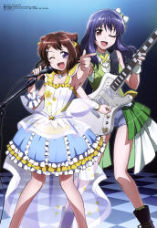 Rule 34 | 10s, 2girls, ;d, absurdres, armpits, bang dream!, blue hair, blue shorts, bow, brown eyes, brown hair, checkered floor, collarbone, cone hair bun, copyright name, dress, guitar, hair bow, hair bun, head tilt, highres, holding, holding instrument, holding microphone, index finger raised, instrument, jewelry, long hair, looking at viewer, microphone, microphone stand, multiple girls, necklace, official art, oguri hiroko, one eye closed, open mouth, purple eyes, see-through, short shorts, shorts, sleeveless, sleeveless dress, smile, star (symbol), star necklace, toyama kasumi, ushigome yuri, white bow, wrist cuffs