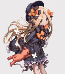 Rule 34 | 1girl, abigail williams (fate), black bow, black dress, black hat, blonde hair, bloomers, blue eyes, bow, bug, butterfly, closed mouth, commentary, dress, fate/grand order, fate (series), grey background, hair bow, hat, insect, long hair, long sleeves, looking at viewer, orange bow, parted bangs, polka dot, polka dot bow, shino (eefy), simple background, sleeves past fingers, sleeves past wrists, solo, stuffed animal, stuffed toy, teddy bear, underwear, very long hair, white bloomers