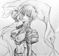 Rule 34 | 1girl, artist request, breasts, female focus, houshin engi, large breasts, looking at viewer, monochrome, ou kijin, short hair, smile, solo, traditional media