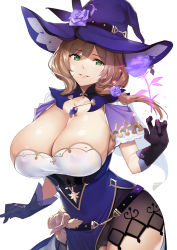 Rule 34 | 1girl, absurdres, black gloves, black skirt, black thighhighs, blush, breasts, brown hair, capelet, cleavage, dress, flower, genshin impact, gloves, green eyes, hat, hat belt, hat flower, highres, large breasts, lisa (genshin impact), long hair, looking at viewer, miniskirt, multicolored clothes, multicolored dress, purple capelet, purple dress, purple hat, skirt, solo, thighhighs, thighs, tomohiro kai, witch hat