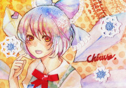 Rule 34 | 1girl, bad id, bad pixiv id, blue hair, bow, character name, cirno, collaboration, hair bow, heart, lace, mixed media, moggy-cat, nekosuke, open mouth, orange eyes, painting (medium), short hair, snowflakes, solo, touhou, traditional media, watercolor (medium), wings