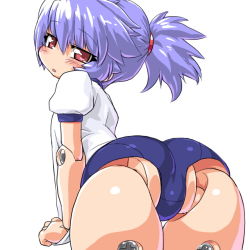 Rule 34 | 10s, 1girl, alternate hairstyle, altines, arched back, ass, bad id, bad pixiv id, blush, buruma, busou shinki, dd (ijigendd), doll joints, female focus, gym uniform, joints, leaning forward, looking back, ponytail, purple hair, red eyes, shirt tug, short hair, simple background, solo, thigh gap, white background