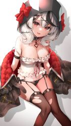 Rule 34 | 1girl, :d, absurdres, animal hood, arm strap, black collar, black hair, black jacket, black panties, black thighhighs, braid, breasts, camisole, cleavage, collar, fang, frilled camisole, frills, garter straps, grey hair, hair ornament, heart pendant, highres, hololive, hood, jacket, large breasts, laudayon, looking at viewer, medium hair, multicolored hair, no pants, off shoulder, open mouth, orca hood, panties, red eyes, sakamata chloe, single braid, sitting, skin fang, smile, solo, strap slip, streaked hair, thighhighs, torn clothes, torn thighhighs, underwear, virtual youtuber, white camisole, x hair ornament