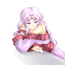 Rule 34 | 1girl, blue eyes, bridal gauntlets, circlet, crossed arms, dress, fermelle, fire emblem, fire emblem: thracia 776, light purple hair, long hair, long sleeves, looking away, looking to the side, nintendo, purple dress, reclining, sara (fire emblem), simple background, solo, upper body, white background