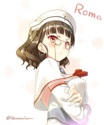 Rule 34 | 10s, 1girl, :&lt;, blunt bangs, breasts, brown eyes, brown hair, capelet, character name, crossed arms, detached sleeves, eyewear strap, glasses, headdress, huyukaaki, kantai collection, large breasts, looking at viewer, pince-nez, roma (kancolle), shirt, short hair, sleeveless, sleeveless shirt, solo, twitter username, wavy hair