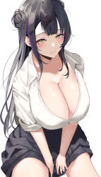 Rule 34 | 1girl, absurdres, black hair, black skirt, blush, breasts, cleavage, closed mouth, collared shirt, commentary request, double bun, from above, hair bun, highres, huge breasts, long sleeves, looking at viewer, multicolored hair, namazu (yamasonson), original, purple hair, shirt, simple background, skirt, smile, solo, streaked hair, thighs, translation request, white background, white shirt, yellow eyes