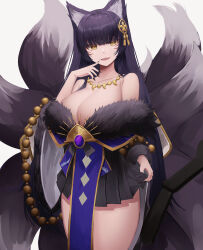 Rule 34 | 1girl, absurdres, animal ear fluff, animal ears, azur lane, bare shoulders, beads, breasts, cleavage, collarbone, cowboy shot, facial mark, fangs, fingernails, fox ears, fox girl, fox tail, fur trim, gem, highres, huge breasts, jewelry, kitsune, kyuubi, long hair, looking at viewer, magatama, magatama necklace, mea (hwaksal), multiple tails, musashi (azur lane), nail polish, necklace, open mouth, prayer beads, purple gemstone, purple hair, purple tail, sharp fingernails, skirt under kimono, slit pupils, solo, tail, very long hair, whisker markings, yellow eyes