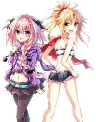 Rule 34 | 1boy, 1girl, ass, astolfo (fate), back, bare shoulders, blonde hair, blush, braid, butt crack, fang, fate/apocrypha, fate (series), green eyes, groin, hair ornament, hood, long hair, midriff, mordred (fate), mordred (fate/apocrypha), open mouth, pantyhose, pink hair, ponytail, purple eyes, ribbon, short shorts, shorts, skirt