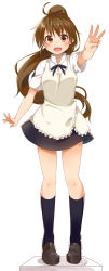 Rule 34 | 1girl, :d, apron, armpit peek, bad id, bad pixiv id, black socks, blush, brown eyes, brown hair, full body, grin, hand gesture, highres, kneehighs, loafers, long hair, open mouth, ponytail, sasahara wakaba, shoes, simple background, skirt, smile, socks, solo, standing, taneshima popura, tiptoes, uniform, waitress, white background, working!!