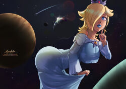 Rule 34 | 1girl, ass, bent over, blonde hair, blue eyes, blue lips, breasts, crown, doktor malefic, dress, earrings, female focus, hair over one eye, highres, huge ass, jewelry, large breasts, lipstick, long hair, makeup, mario (series), nail polish, nintendo, off-shoulder dress, off shoulder, rosalina, solo, space, super mario galaxy