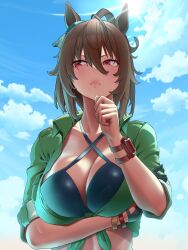 Rule 34 | 1girl, absurdres, agnes tachyon (lunatic lab) (umamusume), agnes tachyon (umamusume), animal ears, arm under breasts, bikini, breasts, brown hair, cleavage, cloud, green shirt, highres, horse ears, horse girl, large breasts, open clothes, open shirt, outdoors, red eyes, shirt, sky, solo, swimsuit, umamusume, yesman