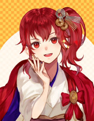 Rule 34 | 1girl, anna (fire emblem), bow, cape, coin, coin hair ornament, commentary request, female focus, fire emblem, fire emblem heroes, hair between eyes, hair ornament, japanese clothes, jurge, kimono, looking at viewer, matching hair/eyes, new year, nintendo, obi, open mouth, ponytail, red bow, red cape, red eyes, red hair, sash, short hair, side ponytail, smile, solo, teeth, white kimono, yukata