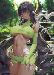 Rule 34 | 1girl, \||/, au ra, black hair, blurry, blurry background, breasts, breasts apart, commentary, cowboy shot, dark-skinned female, dark skin, dragon girl, dragon horns, dragon tail, drill hair, english commentary, final fantasy, final fantasy xiv, green nails, highres, horns, large breasts, long hair, looking at viewer, nail polish, nipples, no bra, original, outdoors, scales, skin tight, solo, split mouth, tail, twin drills, twintails, very long hair, warrior of light (ff14), whois, yellow eyes