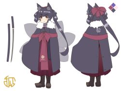 Rule 34 | 1girl, animal ear fluff, animal ears, black cloak, black hair, blush, boots, bow, brown footwear, cloak, closed mouth, color guide, cross-laced footwear, fox ears, fox girl, fox tail, fur-trimmed cloak, fur trim, hair bow, hair rings, hakama, hakama skirt, highres, japanese clothes, katana, kimono, kitsune, kuro kosyou, lace-up boots, long hair, looking at viewer, multiple views, original, pink kimono, purple eyes, red bow, red hakama, short eyebrows, sidelocks, skirt, standing, sword, tail, thick eyebrows, turnaround, unsheathed, very long hair, weapon