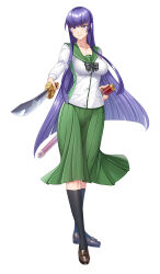 Rule 34 | 1girl, black socks, breasts, busujima saeko, collarbone, crossover, full body, green skirt, highres, highschool of the dead, holding, holding sword, holding weapon, large breasts, long hair, long skirt, long sleeves, official art, purple eyes, purple hair, satou shouji, shirt, shoes, sidelocks, simple background, skirt, smile, socks, sword, taimanin (series), taimanin rpgx, weapon, white background, white shirt