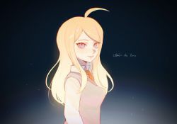 Rule 34 | 1girl, ahoge, akamatsu kaede, akiko 141, beamed eighth notes, blonde hair, breasts, collared shirt, danganronpa (series), danganronpa v3: killing harmony, dark background, eighth note, fortissimo, gradient background, hair ornament, highres, light, long hair, long sleeves, looking at viewer, medium breasts, musical note, musical note hair ornament, necktie, pink eyes, shirt, smile, solo, striped, sweater vest, swept bangs, teeth, translation request, upper body, white shirt