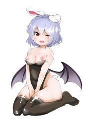 Rule 34 | 1girl, ;d, absurdres, animal ears, bare shoulders, bat wings, belly, blush, breasts, rabbit ears, rabbit tail, covered navel, fang, highres, looking at viewer, medium breasts, naughty face, nipples, one eye closed, open mouth, playboy bunny, purple hair, red eyes, remilia scarlet, short hair, smile, solo, tail, takimoto yukari, thighhighs, thighs, touhou, wide hips, wings