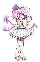 Rule 34 | 1other, androgynous, commentary request, dress, drooling, frilled dress, frills, full body, hemo (hemoroda), holding, holding ice cream cone, ice cream cone, len&#039;en, mouth drool, other focus, pink eyes, pink hair, sandals, shaded face, shion (len&#039;en), short hair, simple background, sketch, smile, solo, translation request, triangular headpiece, white background, white dress