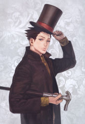 Rule 34 | 1boy, a k i, black hair, blue eyes, cane, capcom, coat, cosplay, grey background, ace attorney, hair slicked back, hand on headwear, hat, hat tip, hershel layton, hershel layton (cosplay), high collar, lips, long coat, long sleeves, looking at viewer, male focus, phoenix wright, professor layton, realistic, solo, standing, top hat