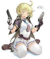 Rule 34 | 1girl, ahoge, american flag, asymmetrical gloves, belt, black gloves, blonde hair, breasts, buckle, character name, dual wielding, flag print, full body, girls&#039; frontline, gloves, grey eyes, gun, handgun, holding, holding gun, holding weapon, jacket, kesomaru, m1911, m1911 (girls&#039; frontline), medium breasts, necktie, open clothes, open jacket, open mouth, pleated skirt, shadow, shirt, short hair, simple background, sitting, skirt, smile, solo, thighhighs, uneven gloves, weapon, white background, white gloves, white shirt, white skirt, white thighhighs