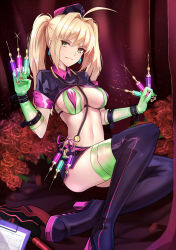 Rule 34 | 1girl, ahoge, between breasts, between fingers, bikini, black skirt, blonde hair, boots, breasts, cosplay, covered erect nipples, earrings, elbow gloves, fate/grand order, fate (series), florence nightingale (fate), florence nightingale (fate) (cosplay), florence nightingale (trick or treatment) (fate), florence nightingale (trick or treatment) (fate) (cosplay), flower, from above, garrison cap, gloves, green eyes, green gloves, green thighhighs, hair intakes, hat, high heel boots, high heels, highres, holding, jewelry, latex, latex gloves, layered bikini, lips, long hair, looking at viewer, lying, medium breasts, microskirt, navel, nero claudius (fate), nero claudius (fate) (all), nero claudius (fate/extra), nurse, official alternate costume, on back, purple footwear, purple hat, red flower, red rose, rose, shigure s, short sleeves, shrug (clothing), side-tie bikini bottom, sidelocks, sitting, skirt, smile, solo, stomach, swimsuit, syringe, thigh boots, thighhighs, thighhighs under boots, thighs, tsurime, twintails