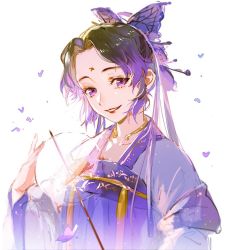 Rule 34 | 1girl, black hair, bug, butterfly, butterfly hair ornament, chinese clothes, colored tips, dress, eyelashes, facial mark, forehead mark, hair ornament, hand fan, hand up, hanfu, holding, holding fan, insect, jewelry, kimetsu no yaiba, kochou shinobu, long sleeves, maosen, multicolored hair, necklace, purple butterfly, purple eyes, purple hair, purple ribbon, purple theme, qixiong ruqun, red lips, ribbon, ruqun, shawl, sketch, smile, solo, updo, upper body