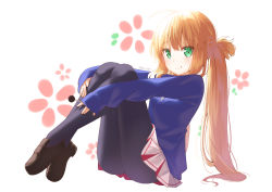 Rule 34 | 1girl, absurdres, ahoge, alternate costume, aro 1801, artoria caster (fate), artoria pendragon (fate), black footwear, black pantyhose, blonde hair, blue cardigan, blush, candy, cardigan, closed mouth, fate/grand order, fate (series), floral background, food, green eyes, hair between eyes, highres, holding, holding candy, holding food, holding lollipop, knees to chest, loafers, lollipop, long hair, long sleeves, looking at viewer, miniskirt, mixed-language commentary, pantyhose, pleated skirt, red skirt, shoes, sidelocks, sitting, skirt, sleeves past wrists, smile, solo, tongue, tongue out, twintails, twitter username, two-tone skirt, very long hair, white skirt