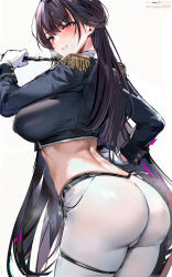 Rule 34 | 1girl, ass, black hair, blush, breasts, commentary, epaulettes, from behind, gloves, goddess of victory: nikke, heart, heart-shaped pupils, highres, huge ass, large breasts, long hair, long sleeves, looking at viewer, looking back, marciana (nikke), misaka 12003-gou, pants, parted lips, red eyes, simple background, smile, solo, symbol-shaped pupils, thigh strap, thighs, twitter username, white background, white gloves, white pants