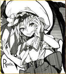 Rule 34 | 1girl, ascot, bat wings, character name, greyscale, hat, hat ribbon, highres, ishida kazuma, looking at viewer, mob cap, monochrome, open mouth, remilia scarlet, ribbon, shikishi, short hair, short sleeves, smile, solo, touhou, traditional media, upper body, wings