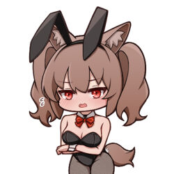 Rule 34 | 1girl, angelina (arknights), animal ear fluff, animal ears, arknights, arms under breasts, bare shoulders, black hairband, black leotard, blush, bow, breasts, brown hair, brown pantyhose, chibi, cleavage, collar, detached collar, fake animal ears, flying sweatdrops, hair between eyes, hairband, leotard, lxjun 09, medium breasts, nose blush, open mouth, pantyhose, playboy bunny, rabbit ears, red bow, red eyes, simple background, solo, strapless, strapless leotard, tail, twintails, white background, white collar, wing collar, wrist cuffs