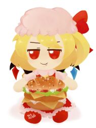 Rule 34 | 1girl, blonde hair, burger, char0nhesmollboi, cheese, closed mouth, commentary, english commentary, fangs, fangs out, flandre scarlet, food, full body, fumo (doll), hat, highres, lettuce, looking at viewer, meat, medium hair, mob cap, multicolored wings, one side up, pink hat, pink shirt, red eyes, red skirt, red vest, shirt, simple background, skirt, solo, tomato, touhou, vest, white background, wings