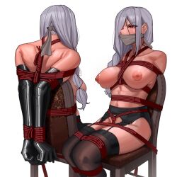 Rule 34 | 1girl, absurdres, bdsm, bondage, bottomless, bound, breasts, chair, cleave gag, cloth gag, crotch rope, elbow gloves, gag, gagged, garter belt, garter straps, gloves, harris hero, highres, improvised gag, large breasts, multiple views, nipples, original, pussy, restrained, shibari, sitting, solo, thighhighs, topless, yuri crimson