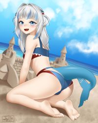 Rule 34 | 1girl, adapted costume, alternate costume, arm support, artist name, ass, bare legs, barefoot, beach, bikini, blue bikini, blue eyes, blue hair, blue sky, blunt bangs, blush, breasts, cloud, cloudy sky, commentary, dated, dutch angle, english commentary, eyelashes, feet, fins, fish tail, from side, gawr gura, grey hair, hair ornament, hololive, hololive english, jay156, leaning forward, legs, long hair, looking at viewer, multicolored hair, ocean, open mouth, outdoors, print bikini, red bikini, sand, sand castle, sand sculpture, shark girl, shark tail, sharp teeth, shiny skin, sidelocks, sky, small breasts, soles, solo, streaked hair, swimsuit, tail, teeth, thighs, toes, tongue, two side up, upper teeth only, virtual youtuber