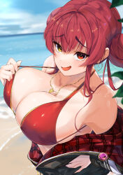 Rule 34 | 1girl, absurdres, beach, bikini, bikini pull, black jacket, blue sky, blush, breasts, cleavage, clothes pull, cloud, cobato., double bun, earrings, fang, gold earrings, gold necklace, hair bun, hand on own hip, heart, heart necklace, heterochromia, highres, hololive, houshou marine, houshou marine (summer), jacket, jewelry, large breasts, long hair, looking at viewer, naughty face, necklace, official alternate costume, open mouth, red bikini, red eyes, red hair, red jacket, skin fang, sky, smile, solo, swimsuit, teasing, two-sided fabric, two-sided jacket, virtual youtuber, water, yellow eyes