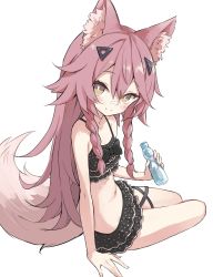 Rule 34 | 1girl, animal ears, bandaid, bandaid on face, bandaid on nose, bikini, bikini skirt, black bikini, bottle, braid, commission, flat chest, fox ears, fox girl, fox tail, full body, highres, holding, holding bottle, long hair, looking at viewer, pink hair, rakutarou (rakutpi), simple background, skeb commission, smile, swimsuit, tail, twin braids, vrchat, water bottle, white background