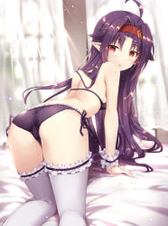 Rule 34 | 1girl, :o, ahoge, ass, bare shoulders, bed sheet, black panties, blush, frilled panties, frilled thighhighs, frills, gabiran, hairband, indoors, kneepits, light rays, long hair, looking at viewer, on bed, open mouth, panties, parted bangs, pointy ears, purple hair, red eyes, red hairband, solo, sunbeam, sunlight, sword art online, thighhighs, thighs, trefoil, underwear, underwear only, very long hair, white thighhighs, wrist cuffs, yuuki (sao)