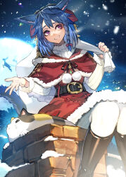 Rule 34 | 1girl, absurdres, animal ears, belt, blue hair, bow, braid, capelet, cat ears, cat tail, chimney, christmas, dress, fat cat (ff14), final fantasy, final fantasy xiv, fur-trimmed capelet, fur-trimmed dress, fur trim, hair bow, hide (hideout), highres, holding, holding sack, long hair, miqo&#039;te, purple eyes, red bow, sack, santa costume, sitting, smile, solo, tail, warrior of light (ff14)