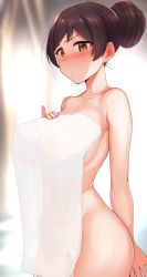 Rule 34 | 1girl, :/, alternate hairstyle, arm behind back, blurry, blurry background, blush, breasts, brown hair, closed mouth, collarbone, commentary request, covered erect nipples, covering privates, cowboy shot, female pubic hair, hair bun, hand on own chest, hand up, highres, idolmaster, idolmaster million live!, indoors, kitazawa shiho, kurozako, large breasts, looking at viewer, navel, nose blush, nude, nude cover, pubic hair, pussy, see-through, short hair, sideboob, single hair bun, solo, standing, towel, yellow eyes