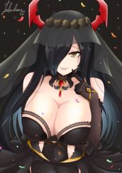 Rule 34 | 1girl, arm up, azur lane, bare shoulders, black background, black dress, black gloves, black hair, black wedding dress, blush, breasts, bridal veil, cleavage, covered navel, dress, elbow gloves, friedrich der grosse (azur lane), friedrich der grosse (zeremonie of the cradle) (azur lane), gloves, hair over one eye, highres, horns, huge breasts, jewelry, lalachan208, large breasts, long hair, looking at viewer, mechanical horns, red horns, smile, veil, very long hair, wedding dress, yellow eyes